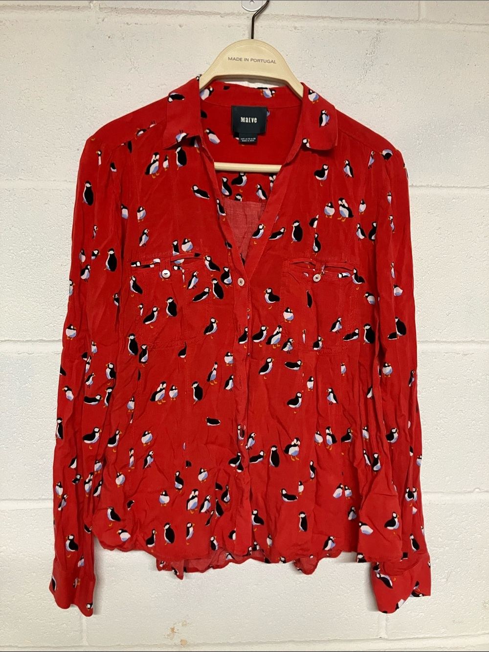 Maeve Red Puffin-Print Button-Down Shirt
